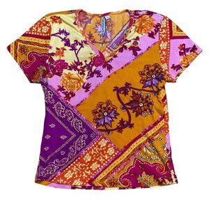 Y2K Baby Tee‎ Multicolor Patchwork V-Neck Short Sleeve Top Size L
